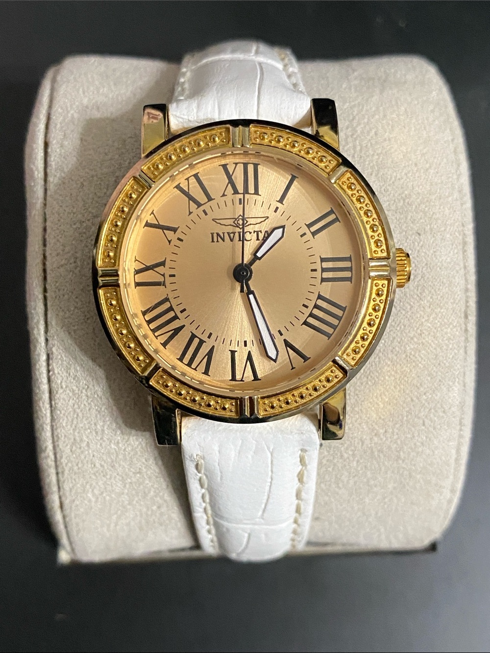 Invicta Gold Tone Dial Watch with White Leather Strap